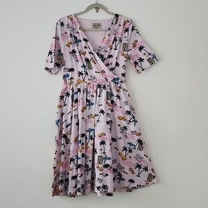 Lindy Bop Dahlia Pink Miami Novelty Print Wrap Swing Dress Size 10 box23